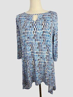 Clara Sun Woo Tunic Top Sz Small Blue Abstract Keyhole Neck 3/4 Sleeve Coastal